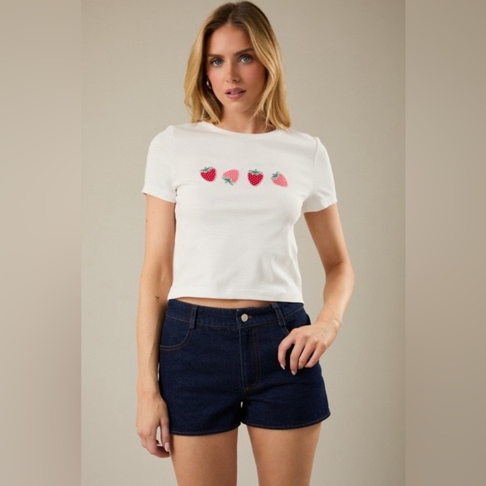 Embroidered Strawberry Cropped Baby Tee - Sunday Edition
